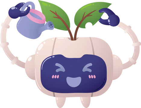 Cute robot with watering can and leafy plant