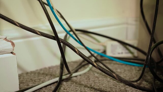 Tangled computer wires running along baseboard behind desktop setup. Network cables and power leads creating disorganized workspace with poor cable routing. Home office clutter, electrical cord mess