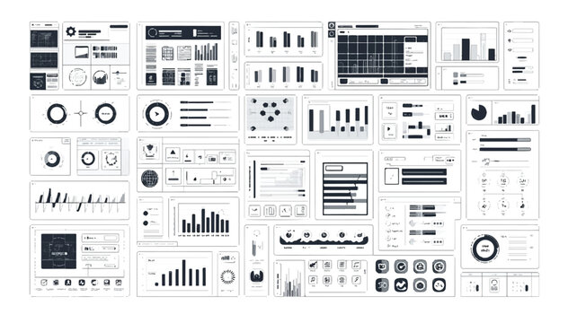 A comprehensive collection of black and white infographic elements, including various charts, graphs, and data icons, isolated on a white background.