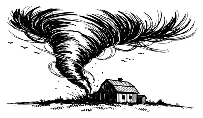Tornado disaster hitting farm house sketch hand drawn dramatic wind storm and hurricane destroying wooden building extreme weather natural catastrophe © JakubVectorSketch