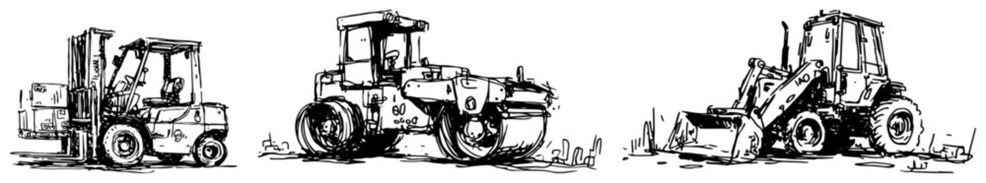 Heavy construction machinery set with forklift steamroller and front loader sketch hand drawn industrial vehicle equipment for building and logistics