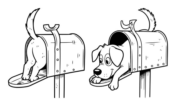 Cute puppy dog playing in mailbox sketch hand drawn funny pet delivery and surprise message concept
