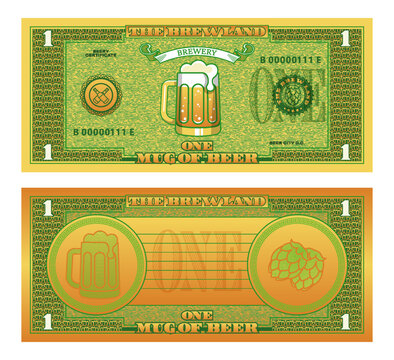 Vector banknote or certificate. 1 mug of beer. Obverse and reverse. Seals, pint and hops. Brewery green coupon. Beery one. Ticket of bar or pub. Sample of textured flyer. Brew land