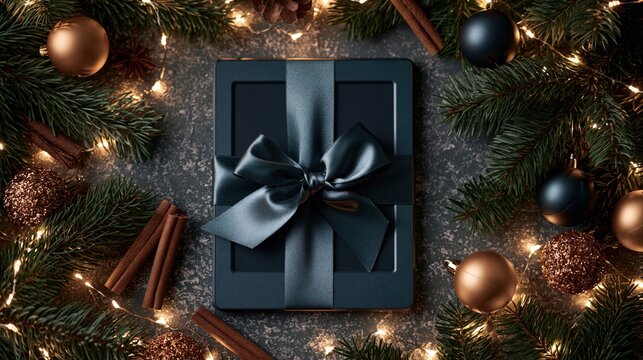 Modern e reader wrapped as a luxury Christmas gift with a black satin ribbon, surrounded by evergreen branches, ornaments, fairy lights, and festive holiday decorations.