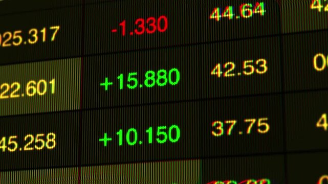 Dynamic Financial Market Display Highlighting Trading Gains and Losses with Color-Coded Statistical Figures on a Digital Tracker Screen