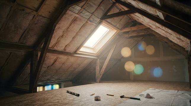 An unfinished attic renovation project with tools and insulation visible