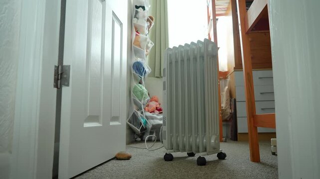 Electric radiator providing supplemental heat without natural gas. Portable oil filled heater supporting household energy diversification during winter. Residential electrification, gas reduction