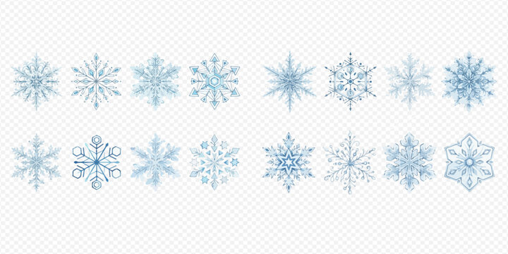 Set of beautiful blue snowflakes isolated on transparent background, winter elements for design.
