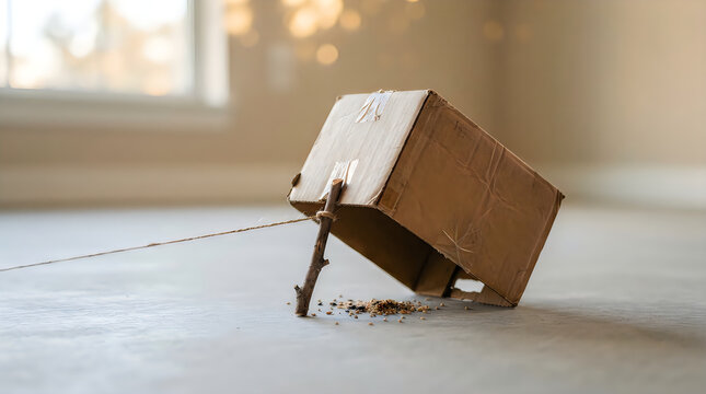 Homemade cardboard box trap for catching small animals with a stick and string mechanism on a concrete floor