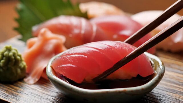 A close-up shot of fish nigiri sushi being dipped into soy sauce with chopsticks. Accompanied by wasabi and pickled ginger, representing Japanese cuisine.