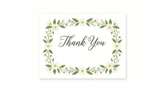 Floral thank you card design with white daisies and green leaves elegant script typography