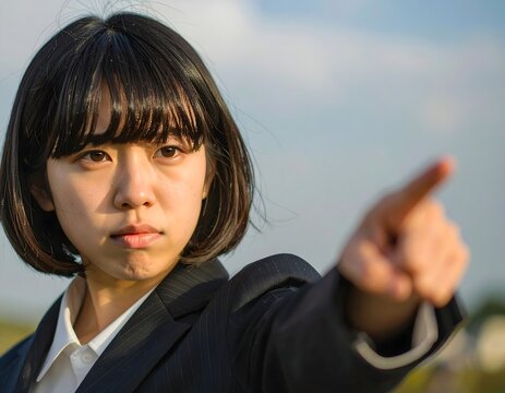 犯人を指差し、問い詰める女性