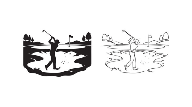 golfer vector silhouette with line art pair icon hitting ball from sand bunker on golf cou