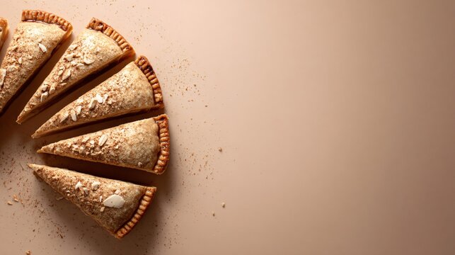 A clean commercial bakery composition with pie slices positioned along one side of a neutral background leaving large premium copy space