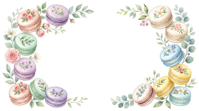 Colorful macarons with floral designs and leaves border