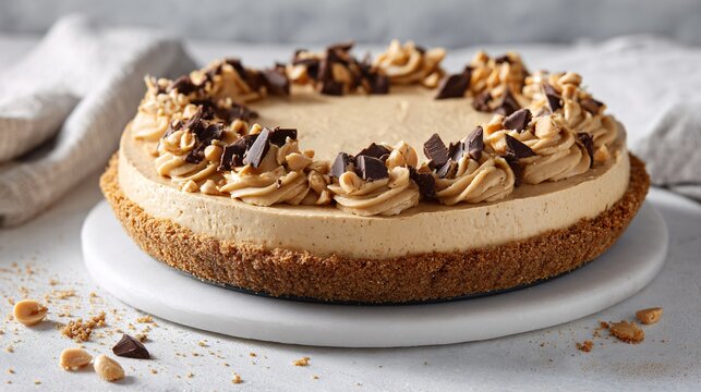 A clean commercial peanut butter pie composition isolated on a white surface with balanced shadows and expansive premium copy space