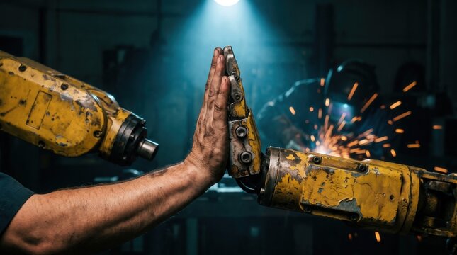 Human Hand Touching Robotic Arm in Industrial Factory for Automation and Collaborative Manufacturing Business