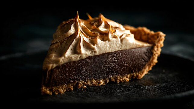 A dark moody peanut butter pie composition dramatically lit against a charcoal slate background emphasizing silky filling texture and depth