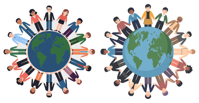 People from diverse backgrounds join hands around the globe to symbolize international unity and peace.