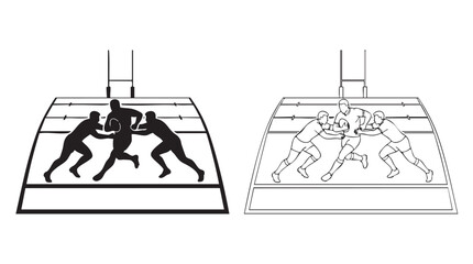 rugby players vector silhouette with line art pair icon featuring sports, team, action