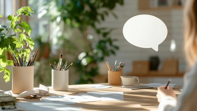 Creative workspace with art supplies and speech bubble in sunlit studio