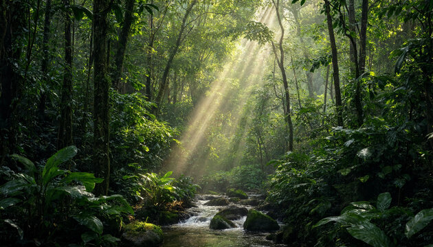 Sunlight rays streaming through thick lush jungle canopy over serene forest river with sunlight tropical wilderness environment landscape outdoors rainforest pristine peaceful tranquil
