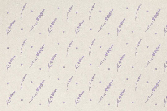 Minimalist seamless pattern of small purple lavender sprigs and tiny dots arranged on a light beige textured paper background, for stationery