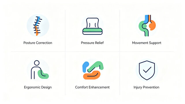 Six rehabilitation engineering icons are neatly arranged to correct body posture, disperse pressure, support limb movement, optimize comfort, and avoid the risk of sports injuries

