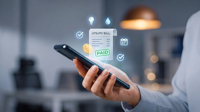 Online utility bill payment on smartphone with paid invoice receipt, dollar coin, electricity and water icons, calendar due date and checkmarks, mobile banking transaction and household expense app