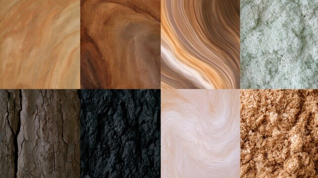 Collage of nine square tiles arranged in a grid of nine rows and six columns. each tile has a different color and texture, ranging from light brown to dark brown.