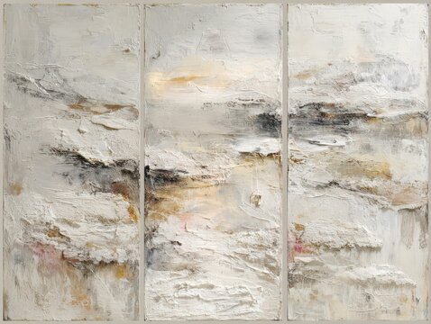 Abstract textured triptych painting with neutral earth tones