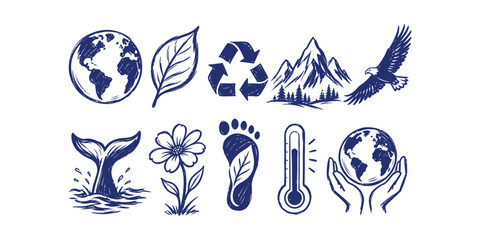 Fototapeta premium nature environmental conservation element collection hand drawn doodle icon set vector illustration