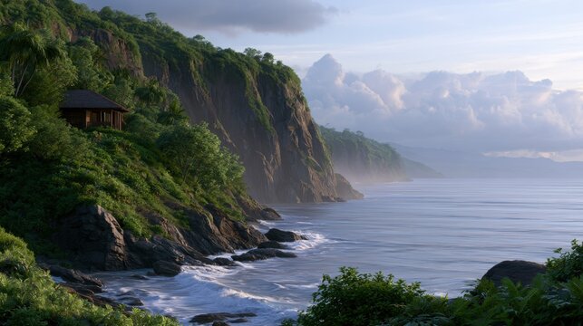 Landscape photograph of a beautiful seascape. the sky is blue with a few white clouds scattered across it. the horizon line is visible in the distance, and the water is a deep blue-green color.