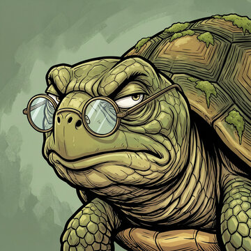 Grumpy Cartoon Turtle Wearing Glasses