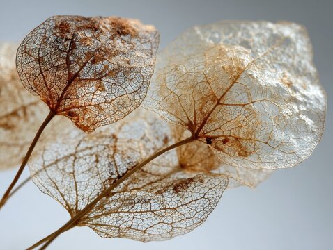 Delicate dried skeleton leaves on a light background