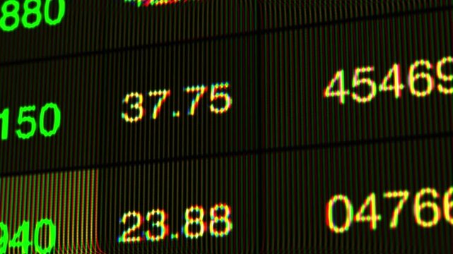 Dynamic Stock Market Display: Fluctuating Values and Trends Illustrated in Vivid Color with Pixelated Numeric Readouts
