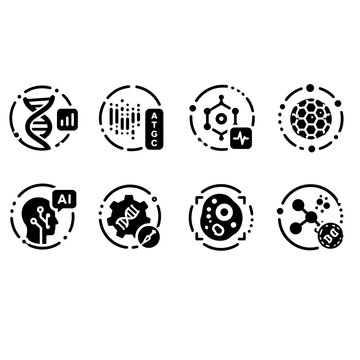 Set of eight science and technology related flat vector icons.