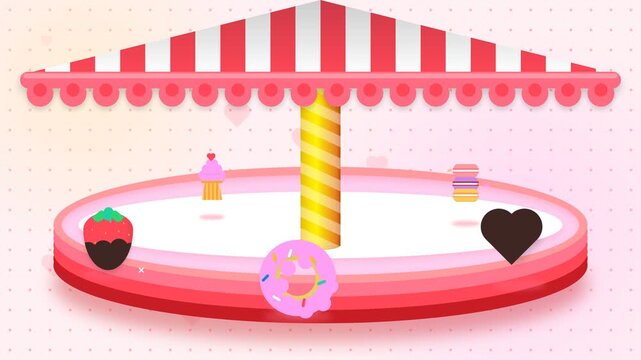 Cute animated sweet dessert carousel with donut cupcake heart and strawberry on pink background for kids party or candy shop promo