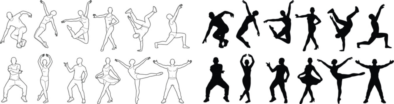 People Dancing Poses Ballet and Breakdance Line Art and Silhouette Vector Icon Set