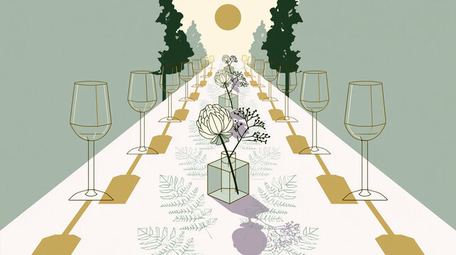 An elegant flat-design vector illustration showcasing a long banquet table set with wine glasses and floral centerpieces under a golden sun.