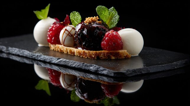 A modern luxury dessert arrangement styled minimally on a polished black stone surface with elegant reflections and refined plating