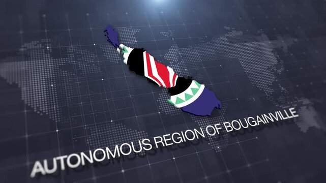 Autonomous Region Of Bougainville map with national flag on digital world map background, geographic border, global political and international news concept