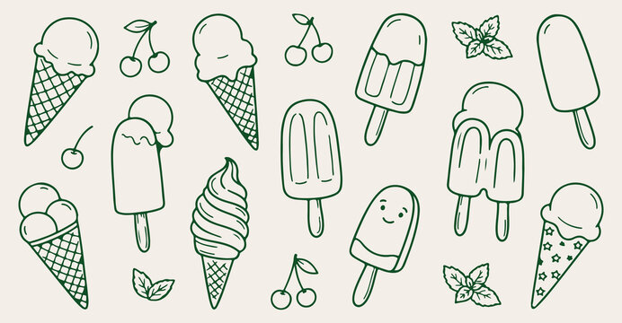 ice cream seamless pattern, hand drawn popsicle line art, sweet summer dessert vector illustration, frozen treat doodle background, gelato cone wallpaper, vintage cherry ice cream sketch print, contin