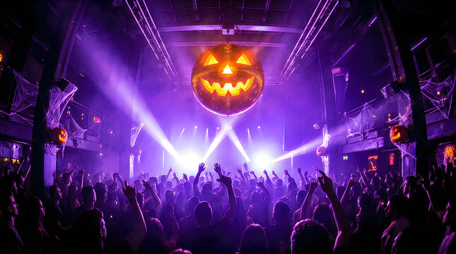 Crowd dancing at a halloween party inside a nightclub with purple lights and decorations