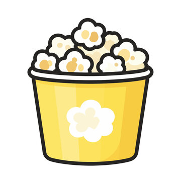 Delicious popcorn in a yellow paper bucket icon illustration, snack food for cinema movie theater and party, simple flat vector graphic design on white background