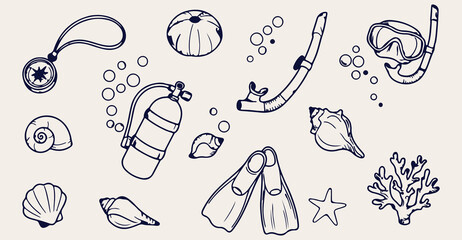 scuba diving gear pattern, hand drawn snorkeling seamless vector, ocean diving equipment illustration, oxygen tank mask doodle background, underwater sea life wallpaper, beach summer adventure print,  © Geetaroy