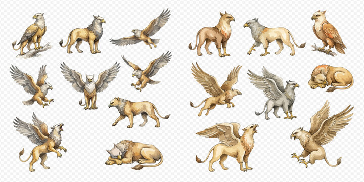 Collection of watercolor griffins and mythical creatures in various poses, isolated on a white background.