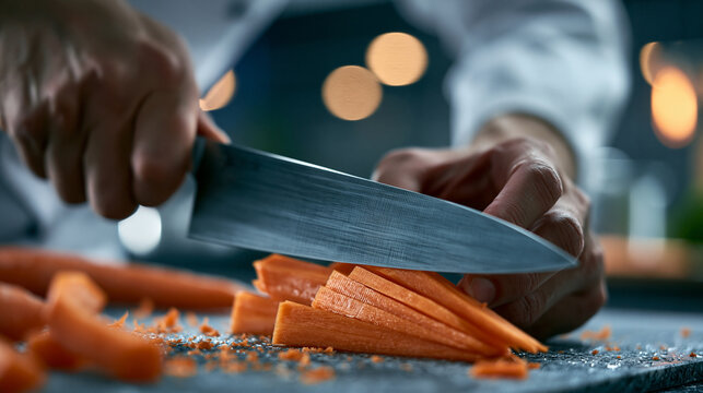 Dynamic low-angle close-up of a professional chef expertly slicing fresh carrots on a dark countertop with a large steel knife.