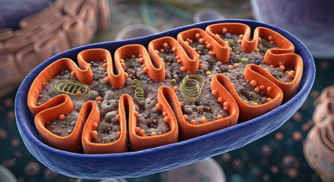 Mitochondrion, vital energy producing organelle, demonstrating cellular respiration, intricate internal membrane system, generating adenosine triphosphate, fueling metabolic pathways.