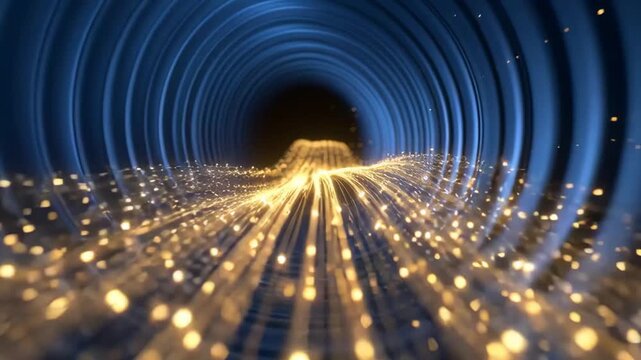 Golden light trails swirling toward a central void in abstract style on dark backdrop, concept of energy flow